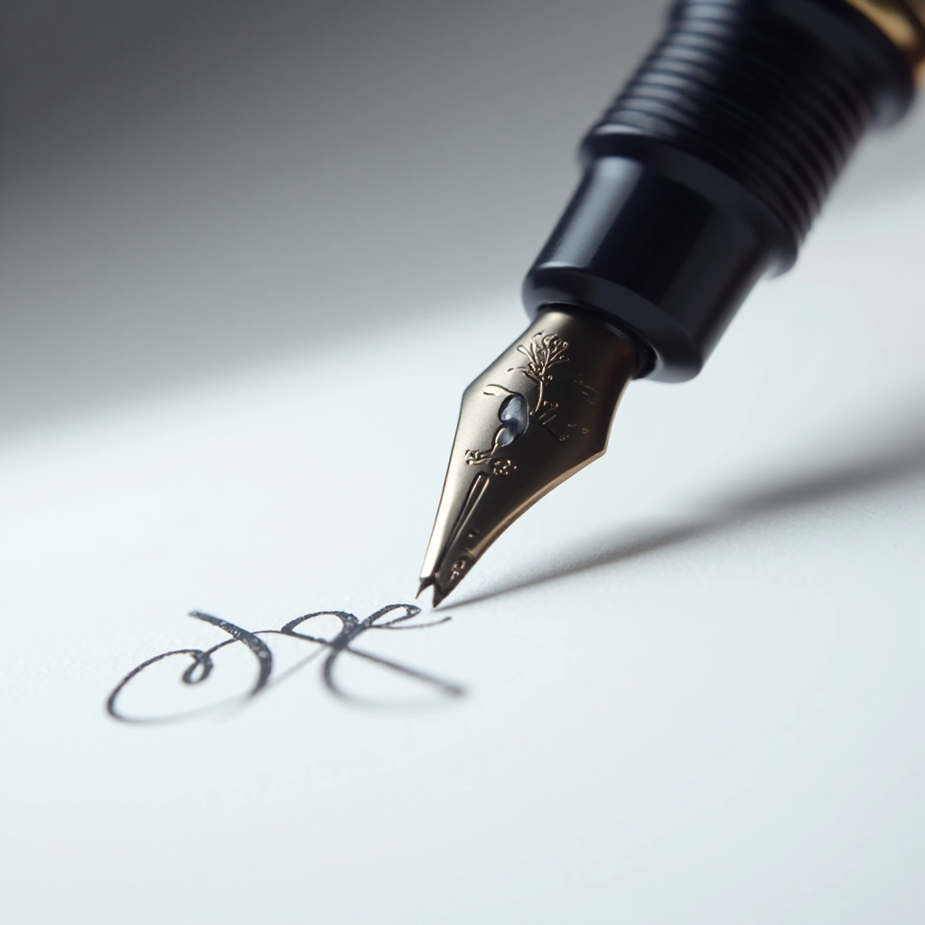 Close-up of deep blue fountain pen nib on white paper with smooth ink line, sharp detail, natural lighting