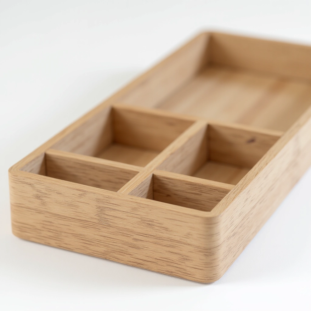 Wooden desk organizer with detailed view of divider mechanism, showing how compartments adjust, close-up of wood grain and finish quality