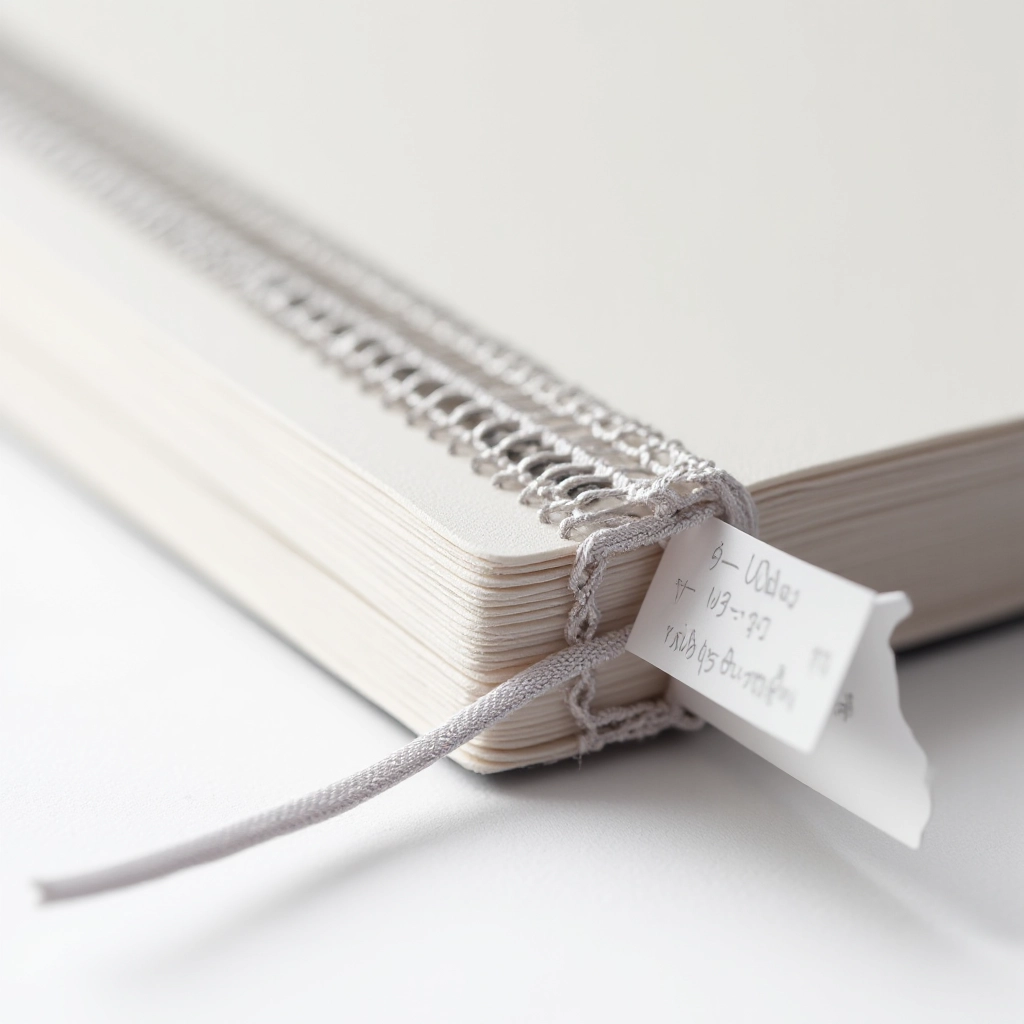 Close-up product shot showing notebook spine with elastic closure, ribbon bookmark, and stencil guide detail, studio lighting