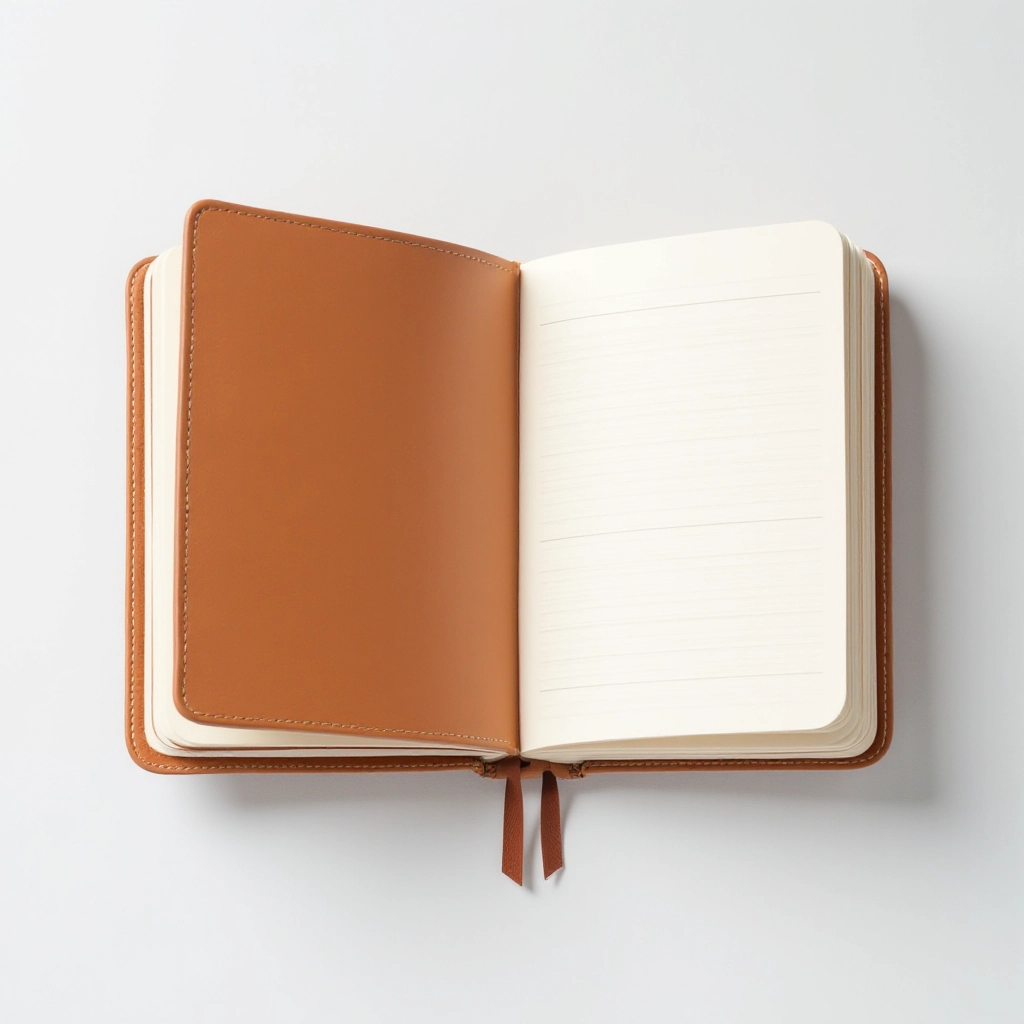 Cognac leather-bound notebook A5 size with elastic closure, opened showing ruled pages, studio photography on white background