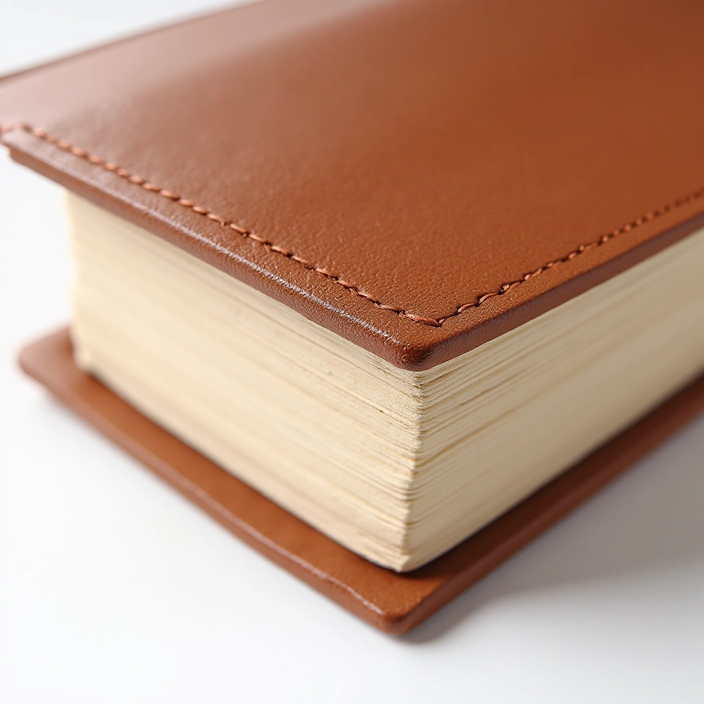 Close-up detail of leather-bound journal spine showing traditional European bookbinding with visible stitching, cognac leather texture, studio lighting