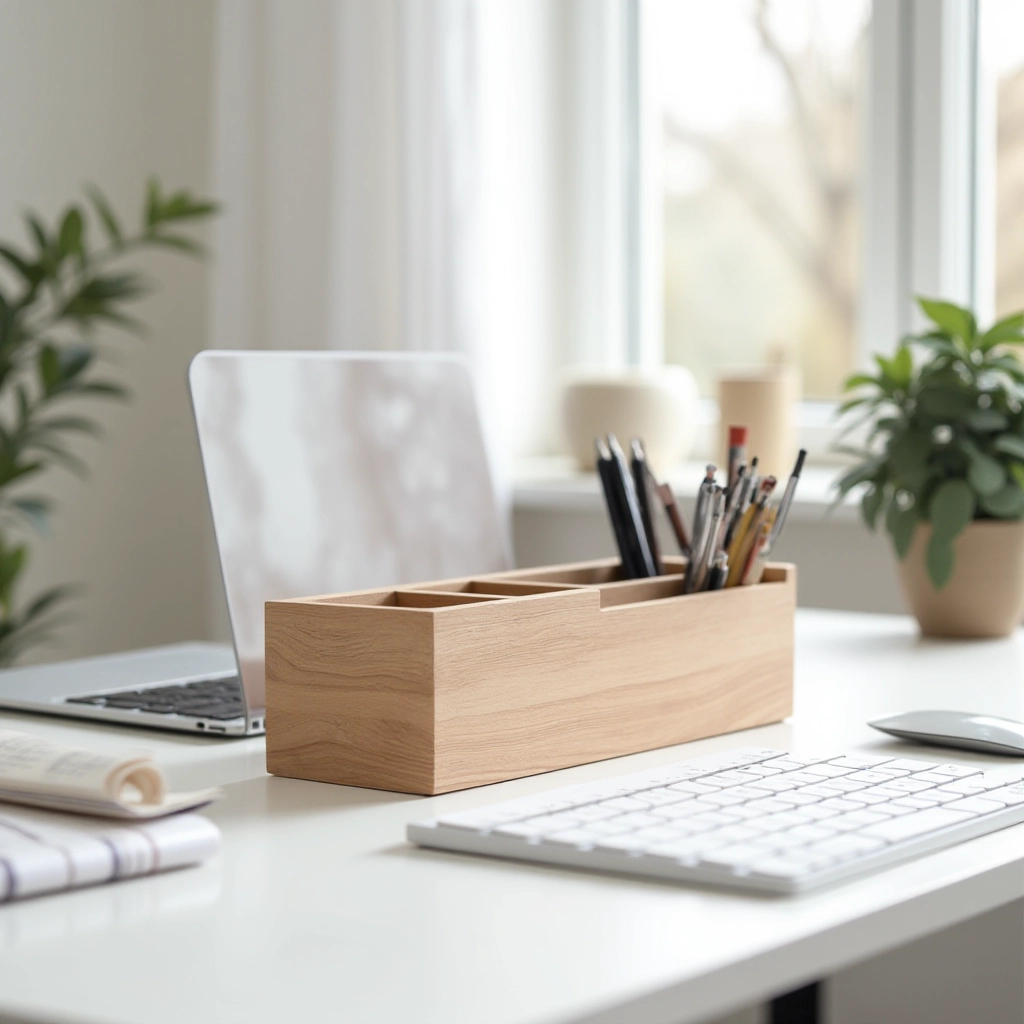 Organized student desk workspace with oak organizer as centerpiece, laptop, notebook, and minimal clutter showing productive study environment