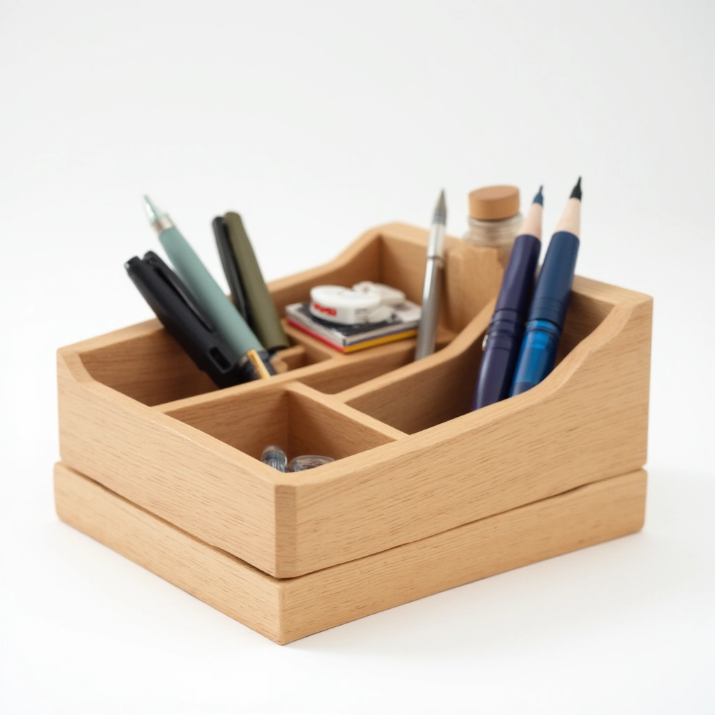 Natural oak wood desk organizer with adjustable compartments filled with pens, front angle view, studio lighting showing wood grain texture